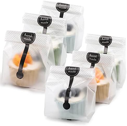 (400Pcs) 200 Pack Translucent Cellophane Bags for Bakery Party Supplies (9x3.4 Inch) - Clear Plastic Cookie Candy Wrapping Bags with 200 Handmade Stickers, Ideal for Chocolate Cake Snack Packaging