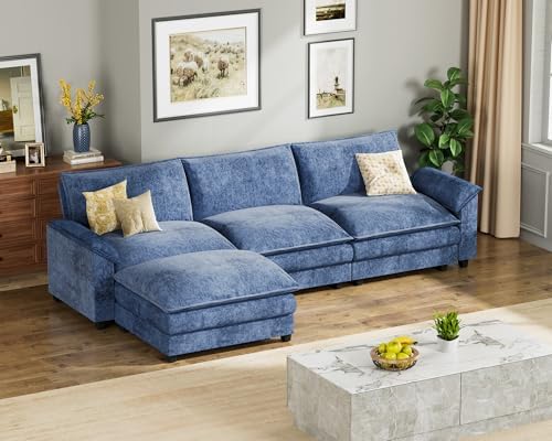 Homall 119" Modular Sectional Sofa, L Shaped Sofa Couch with Reversible Ottoman, DIY Combination Chenille Deep 3-Seat Cloud Couch for Living Room, Apartment (Dark Blue, L Shaped Sofa)