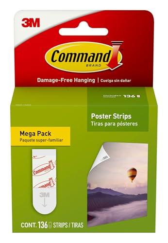 Command Poster Strips Mega Pack, 136 Command Strips Damage Free Hanging Poster Hangers, No Tools Wall Hanging Strips for Home Decor, Room Decor, Wall Decor, and Office Decor, White Adhesive Strips