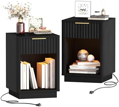 Fluted Nightstands Set of 2, Wooden Night Stand with Charging Station and LED Light, Modern Mid Century End Table with Drawer, 15" D x 15.7" W x 22.6" H, for Bedroom, Black