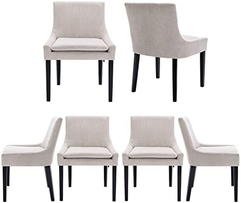 COLAMY Modern Dining Chairs Set of 6, Upholstered Corduroy Accent Side Leisure Chairs with Mid Back and Wood Legs for Living Room/Dining Room-Beige