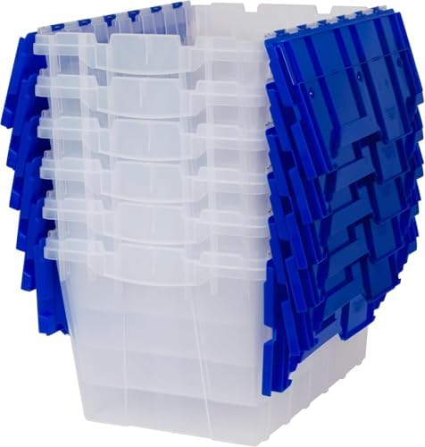 Akro-Mils KeepBox 12 Gallon Storage Container, Nesting and Stackable Plastic Storage Box with Lid Attached, Clear Tote for Garages, Closets, and Moving, 21-1/2" x 15" x 12-1/2", Clear/Blue, 6-Pack