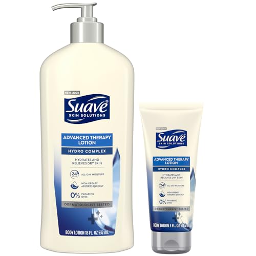 Suave Lotion, Hydro Complex Advanced Therapy Bundle – Daily Moisturizing Body Lotion for Dry Skin with Vitamin E, 18-Oz Pump Bottle + 3-Oz Travel-Size