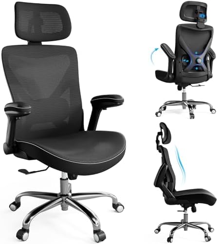 Ergonomic Office Chair-Computer X-Shaped Chair Mesh PU Leather with Adjustable Lumbar Support-Executive Desk Chair High Back with Headrest Flip-Up Arms for Long Hours (Black)