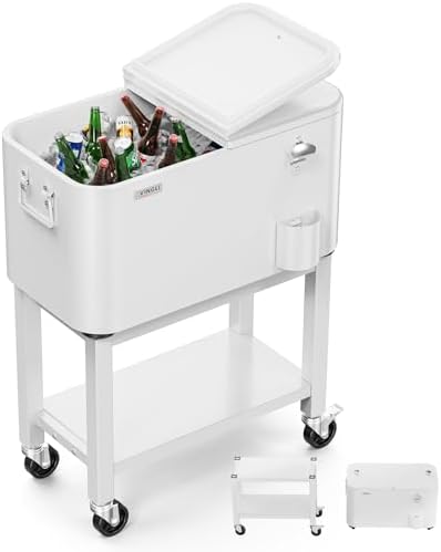 VINGLI Patio Cooler, Rolling Ice Chest on Wheels, Portable Patio Party Bar Drink Cooler Cart, with Shelf, Beverage Pool with Bottle Opener,Water Pipe