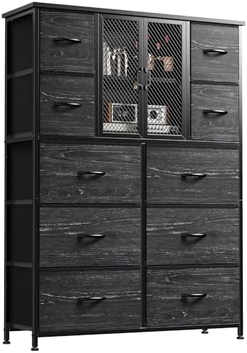 Dresser for Bedroom with Mesh Door Black Dressers & Chests of Drawers Dresser with 10 Fabric Drawers, Metal Frame, Wood Top, Entryway, 48.1" Hx38 Wx11.81 D