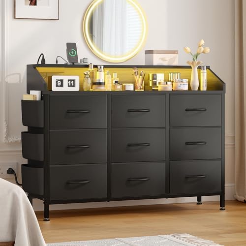 Black TV Stand Dresser for Bedroom 9 Drawers - Fabric Dresser Chest of Drawers for Living Room Hallway Closet (Black PU)