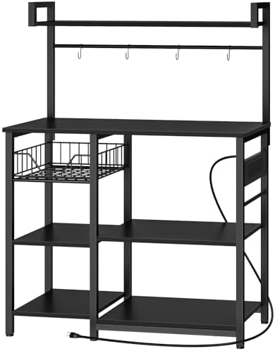 HOOBRO Kitchen Bakers Rack with Power Outlet, Coffee Bar, Microwave Oven Stand with Mesh Basket, Coffee Station with 4 S-Shaped Hook, Kitchen Shelf, for Dining Room, Living Room, Black BB05HB01