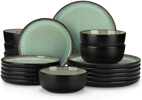 vancasso Plates and Bowls Sets, 18 Pieces Stoneware Dinnerware Sets for 6, Kitchen Dish Set Mircowave and Dishwasher Safe Dinner Set Ceramic Dishware, Turf Green, Series AMBER