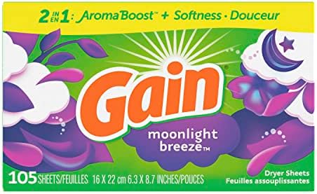 Gain dryer sheets, 105 Count, Moonlight Breeze Scent Laundry Fabric Softener Sheets with 2-in-1 Aromaboost Plus Softness