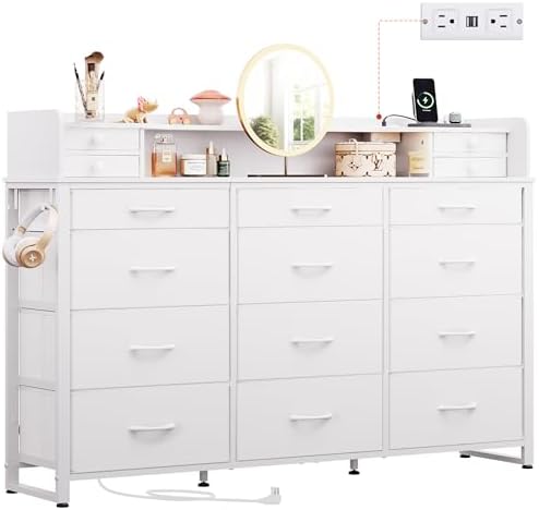 WLIVE 55''W Storage Organizer Unit with Charging Station, Storage Drawers Organizer with 16 Fabric Drawers & 3 Open Shelves, Large Storage Tower Organizaton for Living Room, Hallway, Office, White