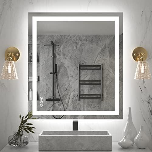 Amorho LED Bathroom Mirror 36''x32'' with Front Light and Backlit, Stepless Dimmable Wall Mirrors with Anti-Fog, Shatter-Proof, Memory, 3 Colors, Double LED Vanity Mirror (Horizontal/Vertical)