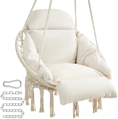 SONGMICS Hanging Chair, Hammock Chair with Large, Thick Cushion, Boho Swing Chair for Bedroom, Patio, Balcony, Garden, Holds up to 264 lb, Accessories Included, Cream White UGDC042M01