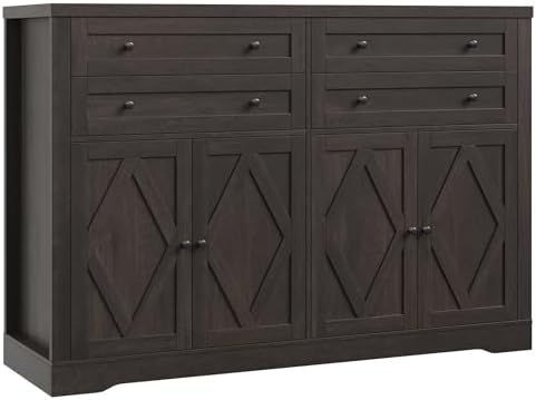 HOSTACK 55" Coffee Bar with 4 Large Drawers, 40" Tall Buffet Cabinet with Storage, Kitchen Storage Cabinet, Modern Farmhouse Sideboard Buffet, Adjustable Shelves for Living Room, Dark Brown