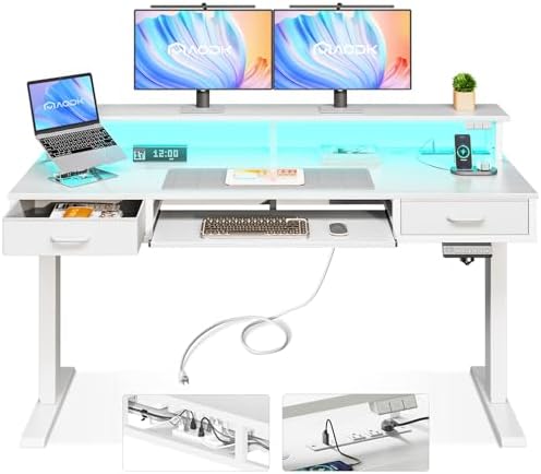 AODK Electric Standing Desk with Drawers & Keyboard Tray, 55 Inch Height Adjustable Gaming Desk with Power Outlets & LED Lights, Sit Stand Table with Monitor Stand for Home, Office, White