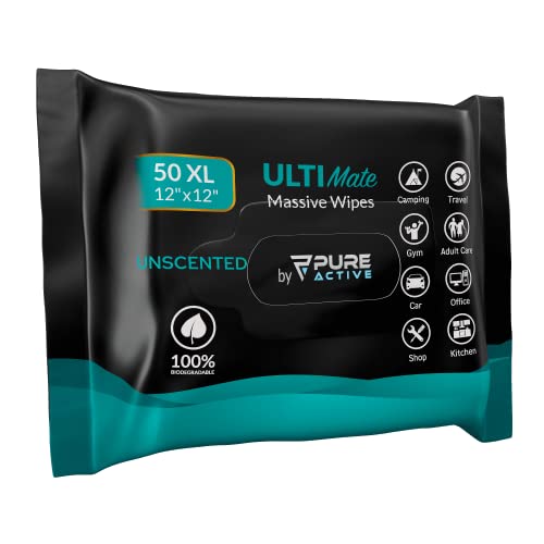 XXL Adult Wipes for Elderly, No Rinse Hygiene Wipes for Shower, Travel, and Camping, 12x12 Unscented 50 Pack
