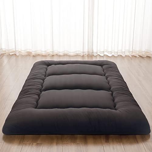 Japanese Floor Mattress, Futon Mattress with Portable Storage Bag and Washable Cover, Roll Up Thick Tatami Mat Suitable for Camping, Guest Room, Black, Twin
