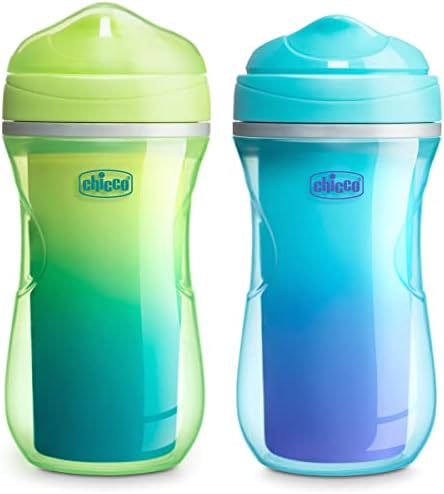 Chicco Double-Wall Insulated Sippy Cup with Bite-Proof Rim Spout and Spill-Free Lid 9oz.| Top-Rack Dishwasher Safe | Easy to Hold Ergonomic Indents | Green/Teal Ombre, 2pk| 12+ Months