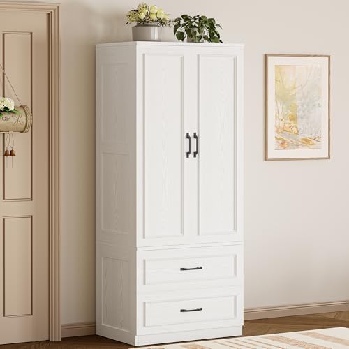 LIKIMIO Armoire Wardrobe Closet with 2 Doors and 2 Drawers 70" H x 28" W Wooden Bedroom Freestanding Wardrobe Combination for Hanging Clothes, White
