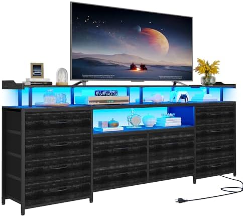 TV Stand & Dresser for 65 Inch TV, 63" W with LED Lights & Power Outlets, Black Long Dresser with 12 Fabric Drawers, Entertainment Center with Shelves, for Bedroom