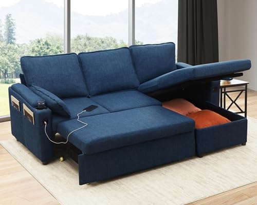 DURASPACE Sofa Bed Sleeper Pull Out 2 in 1 Sectional Sleeper Sofa Couches with Storage,USB, Cup Holder,Pullout Sectional Couches for Apartment Living Room (Blue)