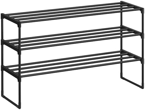 SONGMICS Shoe Rack, 3-Tier Shoe Organizer, Metal Storage Shelf, Upright or Upside Down, for 16-20 Pairs, Stackable, for Entryway, 11.8 x 36.2 x 21.7 Inches, Black ULSA303B02