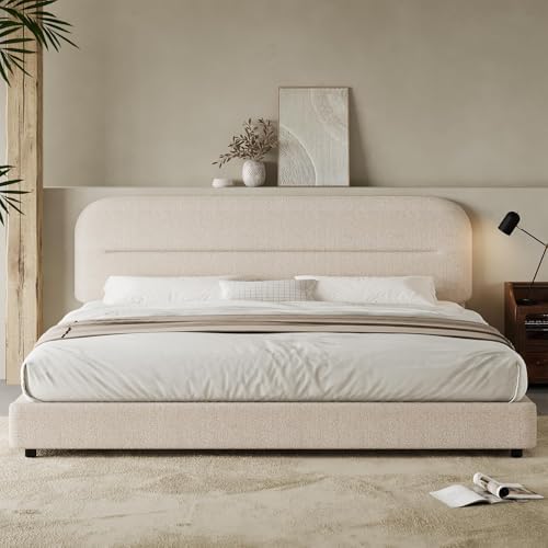 King Size Boucle Bed Frame, Upholstered Cloud Bed Frame with Headboard, Soft Platform Bed Frame with Thickened Footboard, Rounded Corners, No Box Spring Required, Easy Assembly, Beige