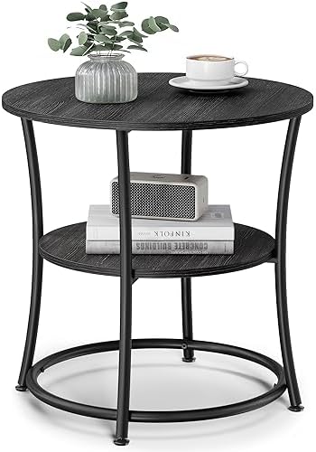 VASAGLE Side Table, Round End Table with 2 Storage Shelves for Living Room, Bedroom, Nightstand with Steel Frame for Small Spaces, Accent Coffee Table, Charcoal Gray and Ink Black