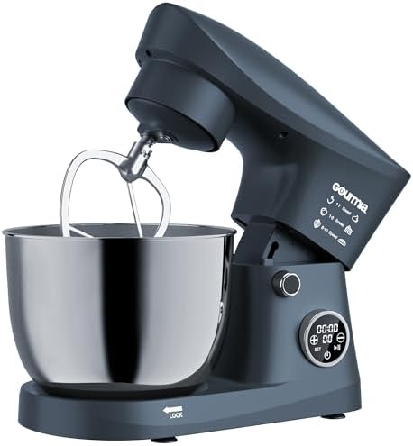 Gourmia 5 Quart Digital Electric Stand Mixer with Attachments, Bowl Shield, Dough Hook, Whisk and Beater - LED Display Timer - 10 Speed Kitchen Countertop Dough Maker Machine for Bread, Cake, Cookies