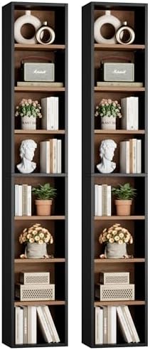 FOTOSOK 2 Pcs 71'' Tall Narrow Bookshelf, 8-Tier Media Tower Rack Set of 2, CD DVD Storage Cabinet with Adjustable Shelves, Tall Narrow Bookcase Skinny Display Bookshelf Slim Shelf, Black/Brown