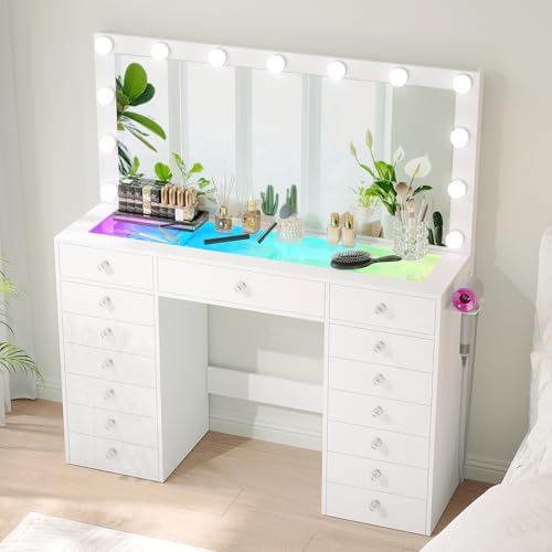 VOWNER Vanity with Lighted Mirror - Glass Top Makeup Vanity Desk with Smart RGB Ambient Lighting and 15 Drawers, Makeup Desk for Bedroom, White 52" L (No Stool)