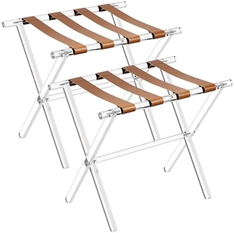 Sumerflos Acrylic Luggage Rack for Guest Room - Foldable Suitcase Stand with Leather Straps for Bedroom Living Room Hotel Heavy-Duty, Holds up to 50-100 lb lightweight Space Saving (Brown & Handle - 2 Pcs)