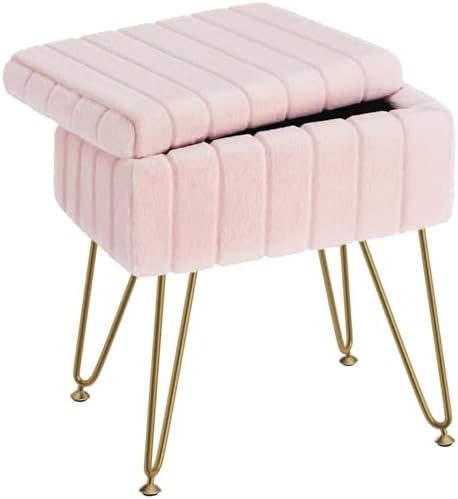 Greenstell Vanity Stool Chair Faux Fur with Storage, 15.7"L x 11.8"W x 19.4"H Soft Ottoman 4 Metal Legs with Anti-Slip Feet, Furry Padded Seat, Modern Multifunctional Chairs for Makeup, Bedroom Pink