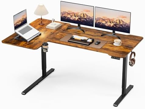 71 Inch L Shaped Standing Desk Adjustable Height, Electric Corner Standing Desk, Sit Stand Computer Table with Reversiable Splice Board, Rustic Brown