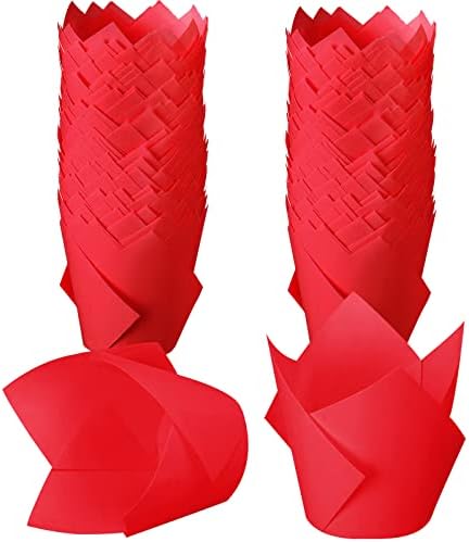 Jutom 200 Pack Tulip Cupcake Liners Paper Baking Cups Greaseproof Muffin Liners Grease Resistant Cupcake Wrappers for Weddings Birthday Cake Balls Muffins Candy Jelly Party(Red)
