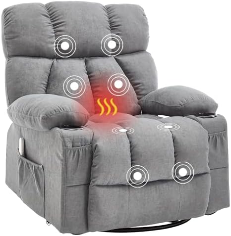 Oversized Massage Swivel Rocker Recliner Chair with Heat and Vibration Rocking Lounge Chair for Living Room Comfy Overstuffed Recliner with 4 Side Pockets,2 Cup Holders, USB Charge Port,Grey