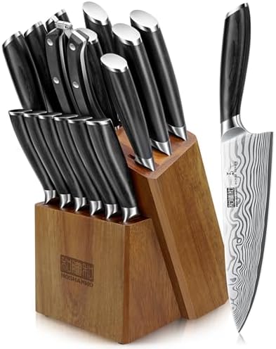 HOSHANHO 16-Piece Knife Set with Block, Ultra Sharp High Carbon Powder Steel Knife Block Set, Chef Knife Set Professional Kitchen Knives Set with Sharpener and Pakkawood Handle