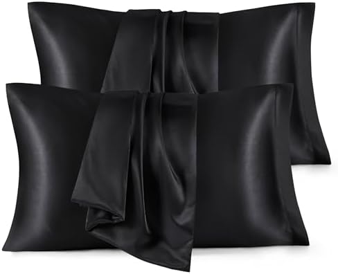 Bedsure Satin Pillowcase for Hair and Skin Queen - Black Silky Pillowcase 4 Pack 20x30 Inches with Envelope Closure, Similar to Silk Pillow Cases, Gifts for Women Men