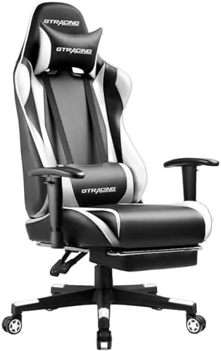GTRACING Gaming Chair with Footrest, Ergonomic Computer Game Desk Chair, Reclining Gamer Chair Seat Height Adjustment, Swivel Rocker with Headrest and Lumbar (White)