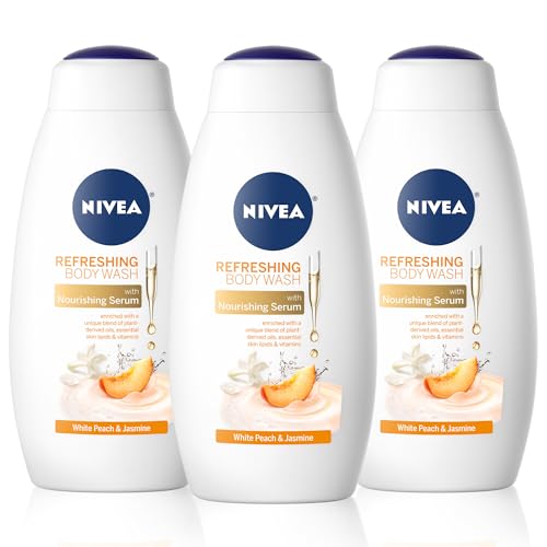 NIVEA Refreshing White Peach and Jasmine Body Wash with Nourishing Serum, Scented Body Wash for Women, Enriched with Provitamin B5 and Vitamin E, 20 Fl Oz Bottle, 3 Pack