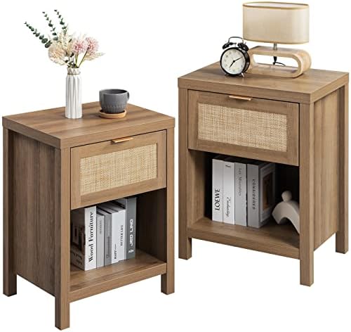 SICOTAS Rattan Nightstands Set of 2 - Farmhouse Night Stand with Drawer and Storage Shelf - Boho Bedside Table End Side Table for Bedroom, Oak