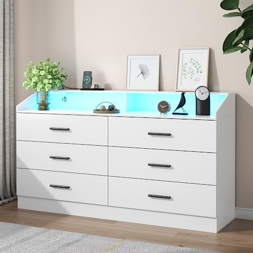 6 Drawer Dresser with Power Outlet, Chest of Drawers with LED Light, Modern Dresser with Open Storage Cubby, Double Wide Dressers Organizer for Bedroom, Living Room, Entryway, Hallway