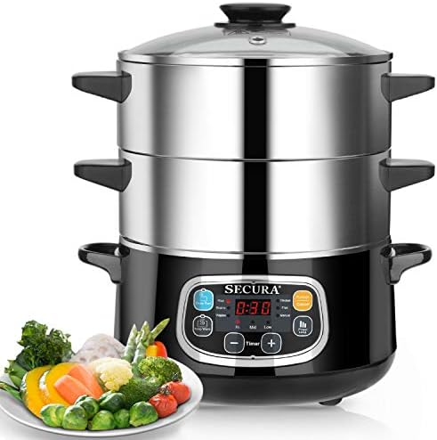 Secura Electric Food Steamer, Vegetable Double Tiered Stackable Baskets with Timer 1200W Fast Heating Stainless Steel Digital Steamer 8.5 Quart