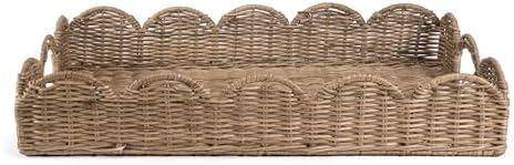 happimess TRY1000A Scalloped 21.5" Southwestern Cottage Hand-Woven Rattan Tray with Handles for Storage,Decoration, Display, Coffee Table or Serving Food, Natural