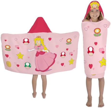 Super Mario Girl Princess Peach Kids Super Soft Bath/Pool/Beach Soft Cotton Terry Hooded Towel Wrap, 24 in x 50 in, (Officially Licensed Product) By Franco
