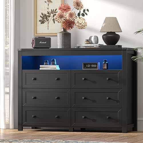 Dresser for Bedroom with 6 Drawers, Wide Chest of Drawers with LED Light and Power Outlet, Wooden Closet Organizer Clothes Storage Cabinet, Modern Double Dressers for Living Room, Hallway, Black