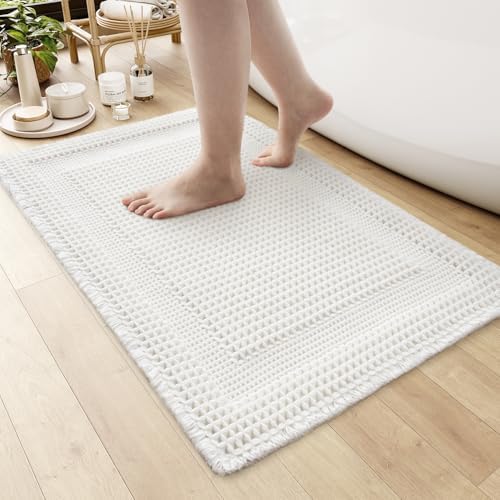 AMOAMI Waffle Bath-Mat, Absorbent Bath Mats for Bathroom Non Slip, Machine Washable Bathroom Rugs with Tassels Ultra Soft Boho Bath Rugs for Floor 18"x30" White