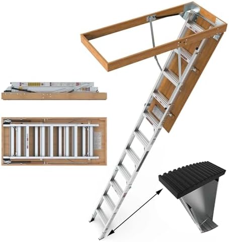 10FT Aluminium Attic Ladder with Non-Slip Foot Mats for 54" W x 22" H Opening, Attic Ladder Pull Down System, 350 Pound Load Capacity, Attic Stairs Pull Down for 7'8"-10'3" Ceiling Heights