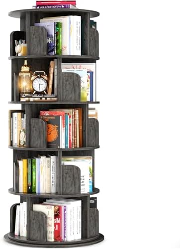 Rotating Bookshelf Tower, 5 Tier Spinning Bookcase, Revolving 360 Book Shelf Narrow Tall Bookcase, Vertical Turning Round Bookshelf Organizer, Wood Corner Book shelf for Small Space, Black Oak