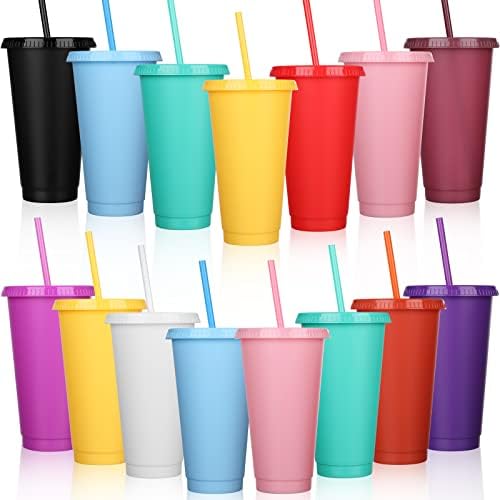 Honeydak 15 Pack Tumbler with Straw and Lid Bulk Water Bottle Iced Coffee Travel Mug Cup Reusable Plastic Cups for Party Birthdays 24-27 oz (Solid Color)